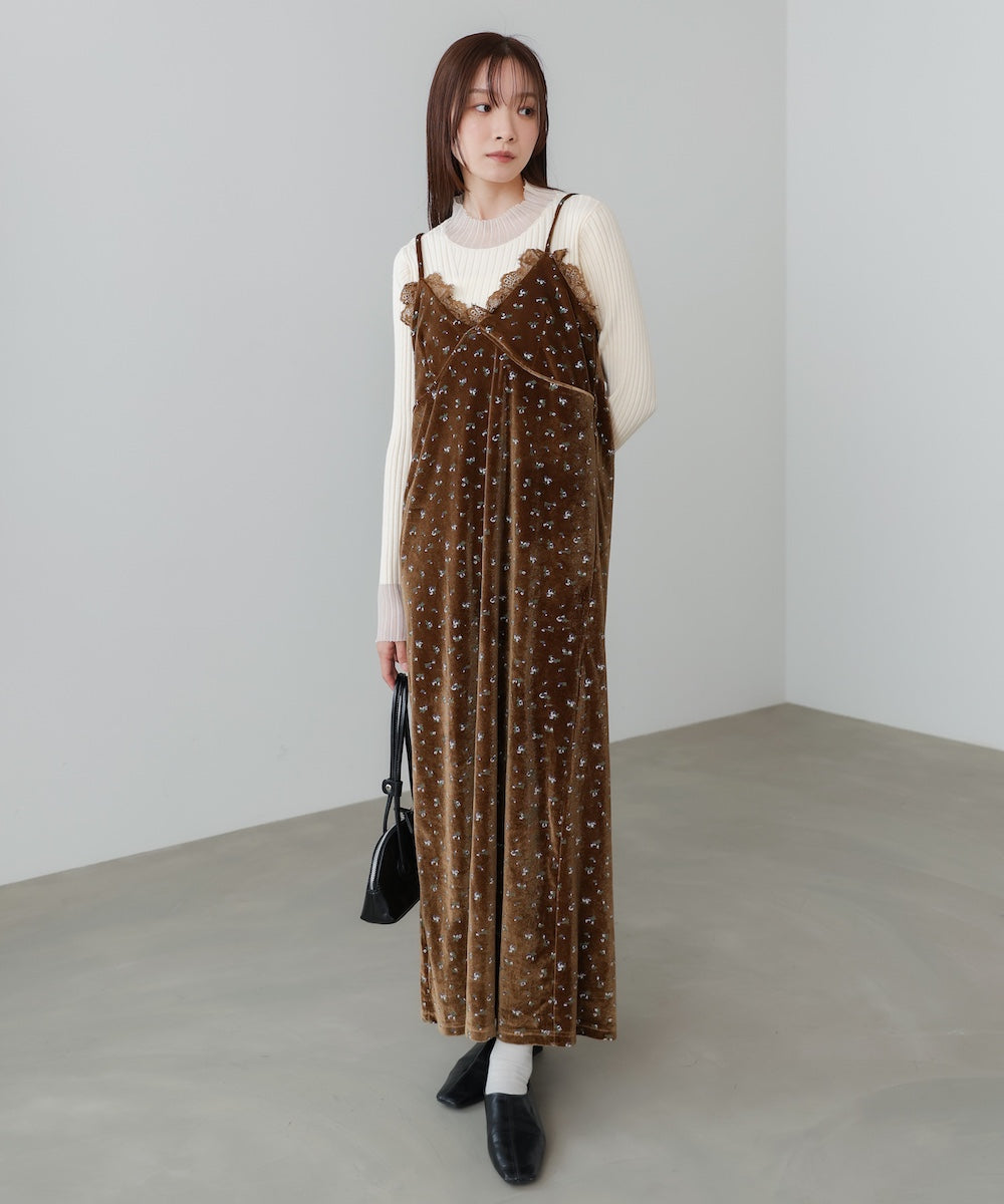 小花柄レース付きベロアキャミワンピース