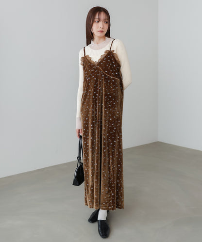 小花柄レース付きベロアキャミワンピース