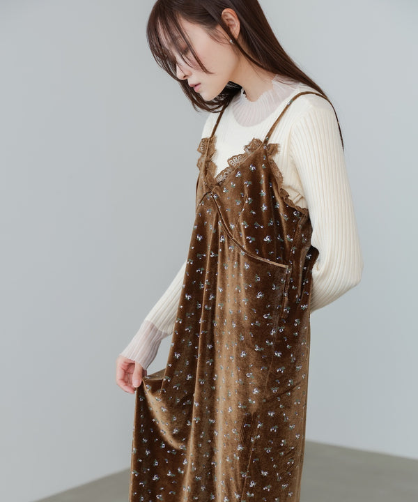 小花柄レース付きベロアキャミワンピース