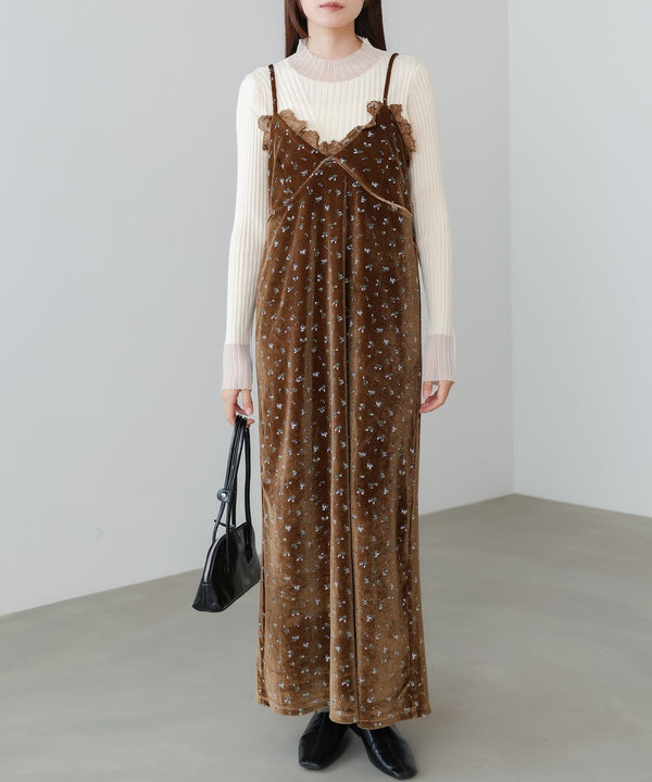 小花柄レース付きベロアキャミワンピース