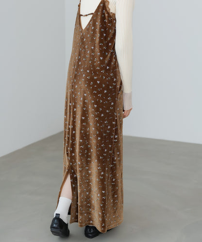 小花柄レース付きベロアキャミワンピース