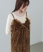 小花柄レース付きベロアキャミワンピース