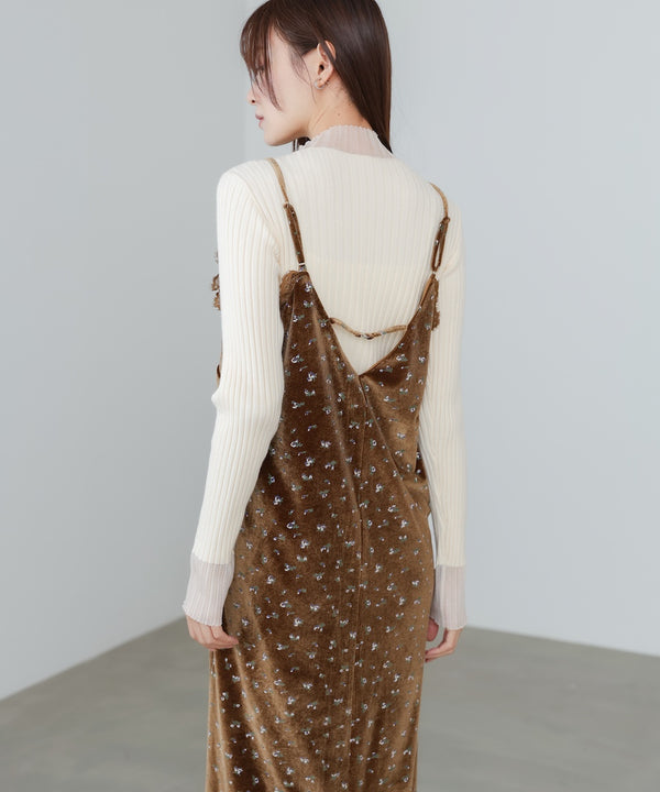 小花柄レース付きベロアキャミワンピース