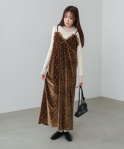 小花柄レース付きベロアキャミワンピース