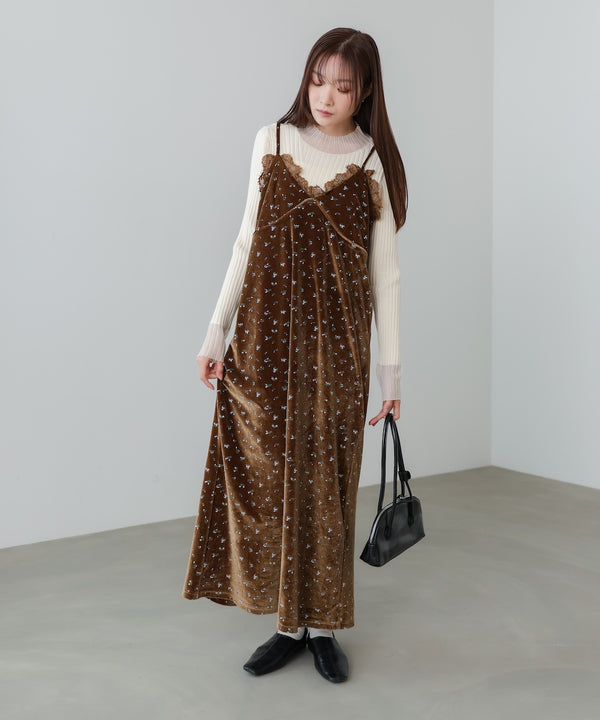 小花柄レース付きベロアキャミワンピース