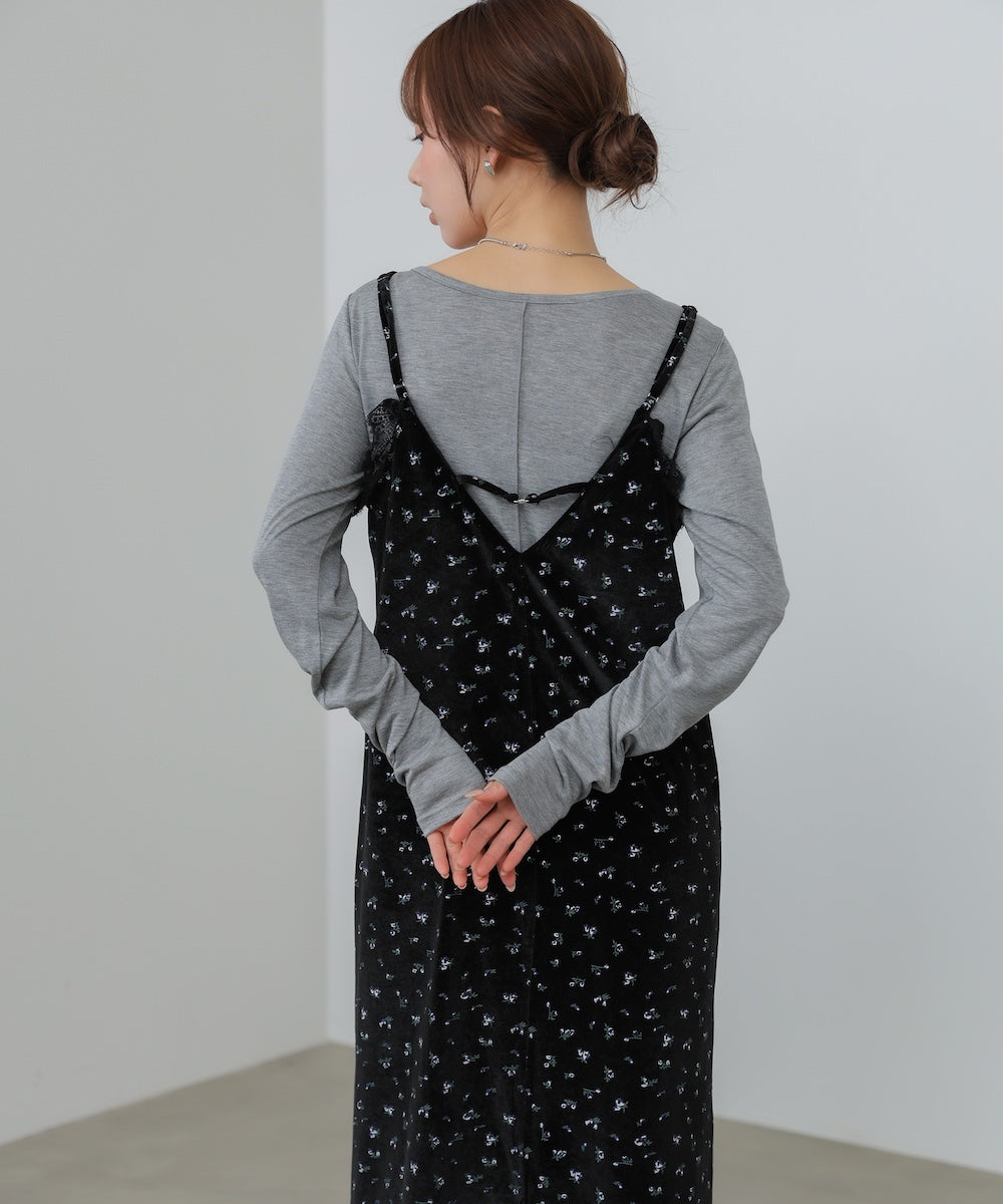 小花柄レース付きベロアキャミワンピース