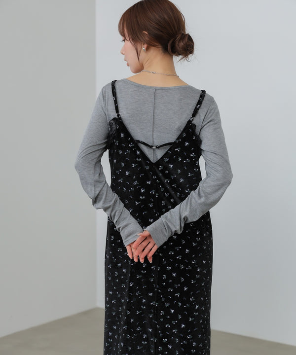 小花柄レース付きベロアキャミワンピース