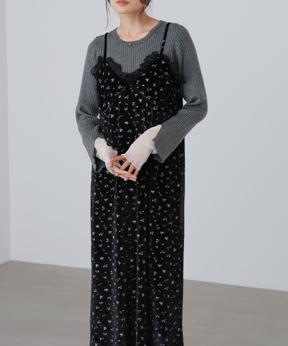 小花柄レース付きベロアキャミワンピース