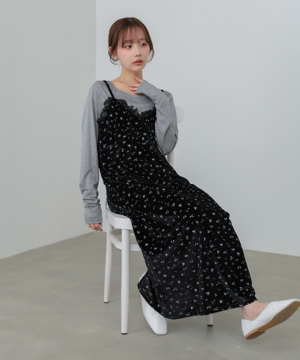 小花柄レース付きベロアキャミワンピース