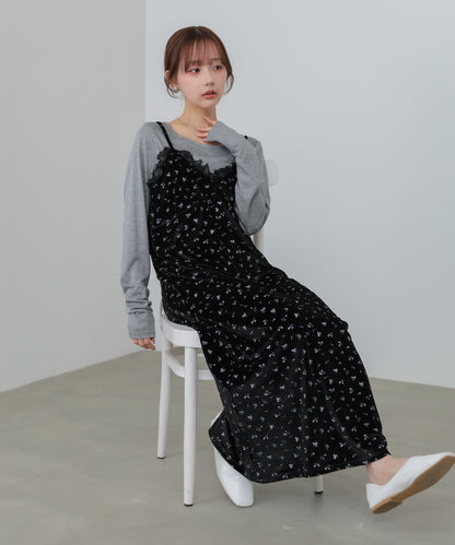 小花柄レース付きベロアキャミワンピース