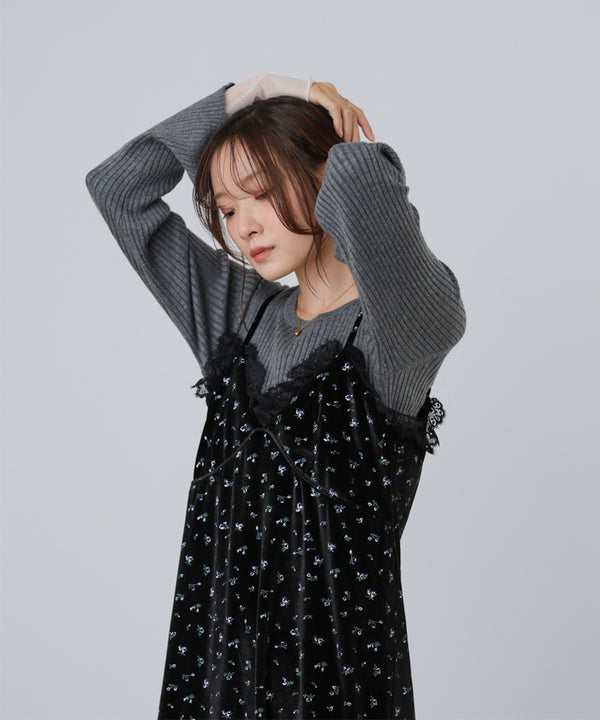 小花柄レース付きベロアキャミワンピース