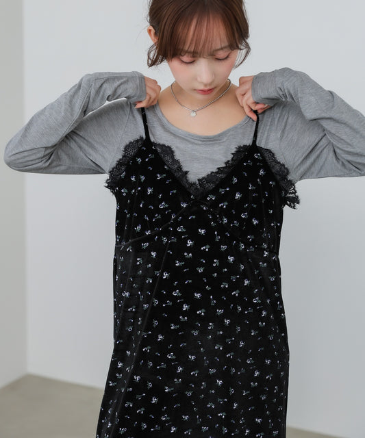 小花柄レース付きベロアキャミワンピース