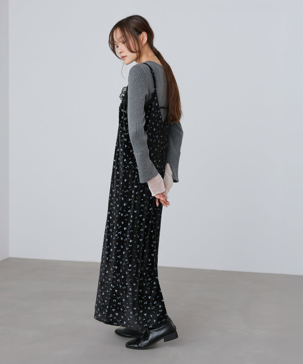 小花柄レース付きベロアキャミワンピース