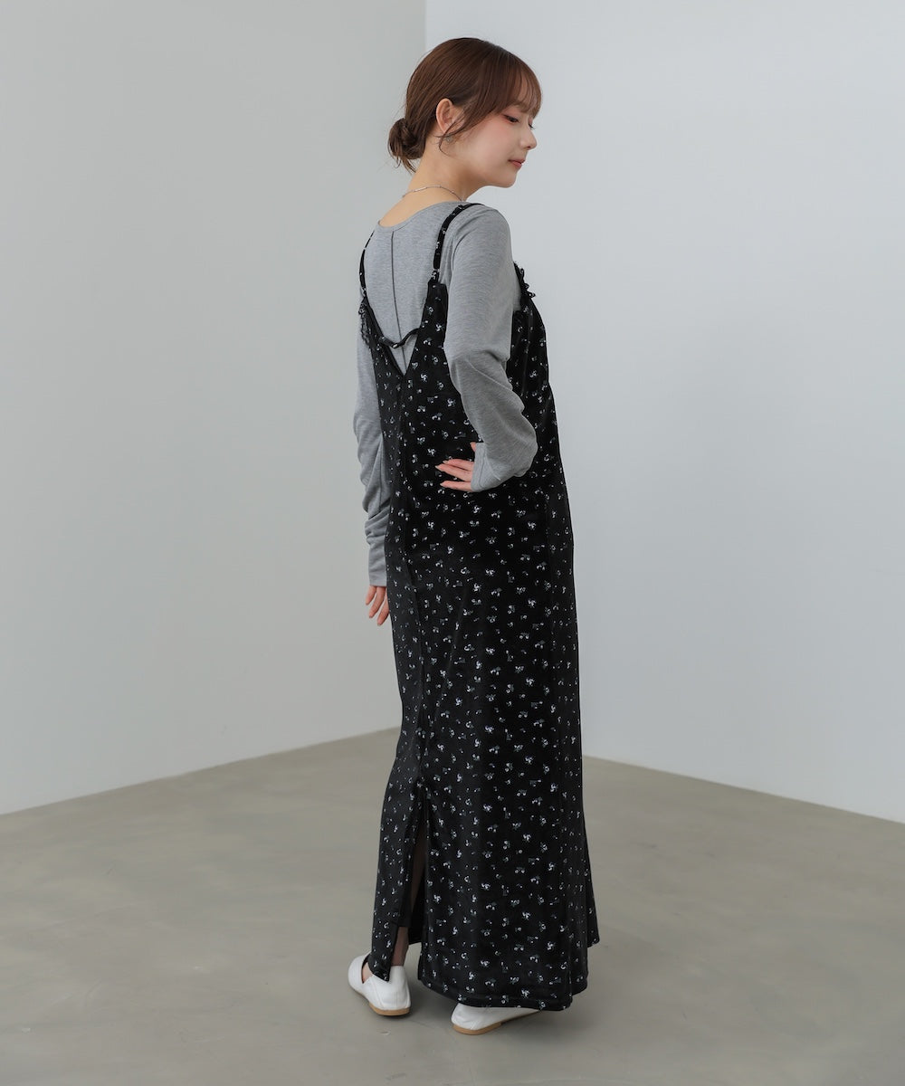 小花柄レース付きベロアキャミワンピース