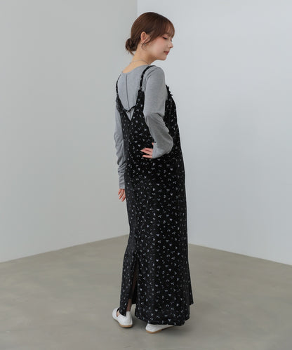 小花柄レース付きベロアキャミワンピース