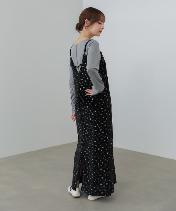 小花柄レース付きベロアキャミワンピース