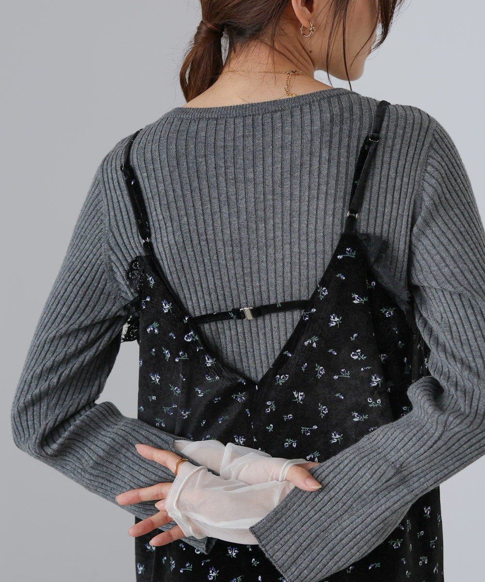 小花柄レース付きベロアキャミワンピース