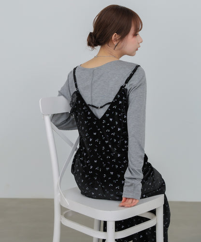 小花柄レース付きベロアキャミワンピース