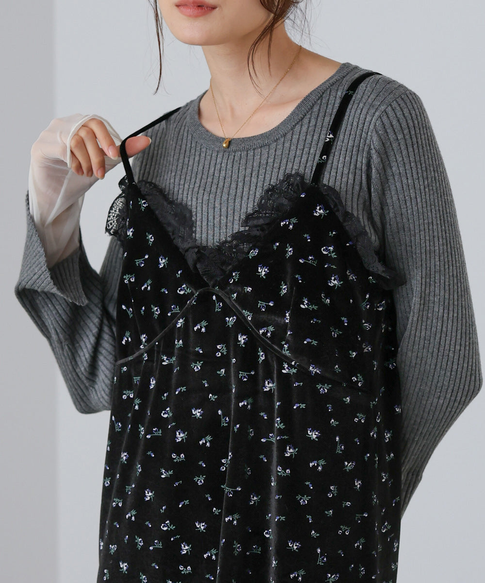 小花柄レース付きベロアキャミワンピース