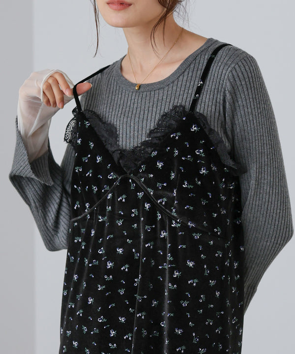 小花柄レース付きベロアキャミワンピース