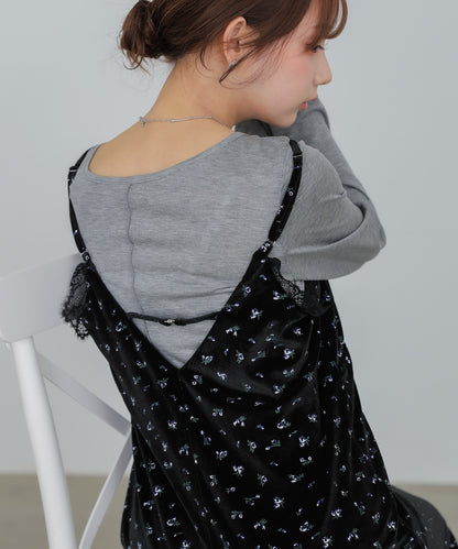 小花柄レース付きベロアキャミワンピース