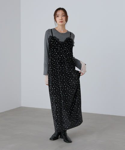 小花柄レース付きベロアキャミワンピース