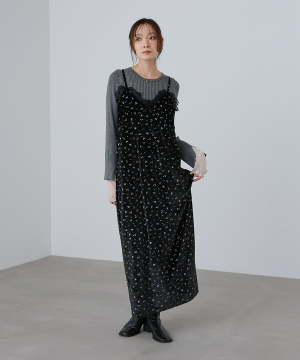 小花柄レース付きベロアキャミワンピース