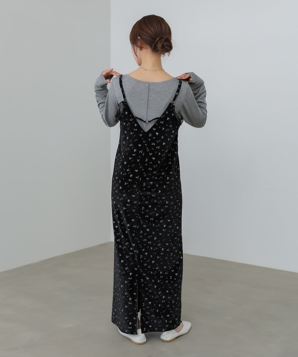 小花柄レース付きベロアキャミワンピース