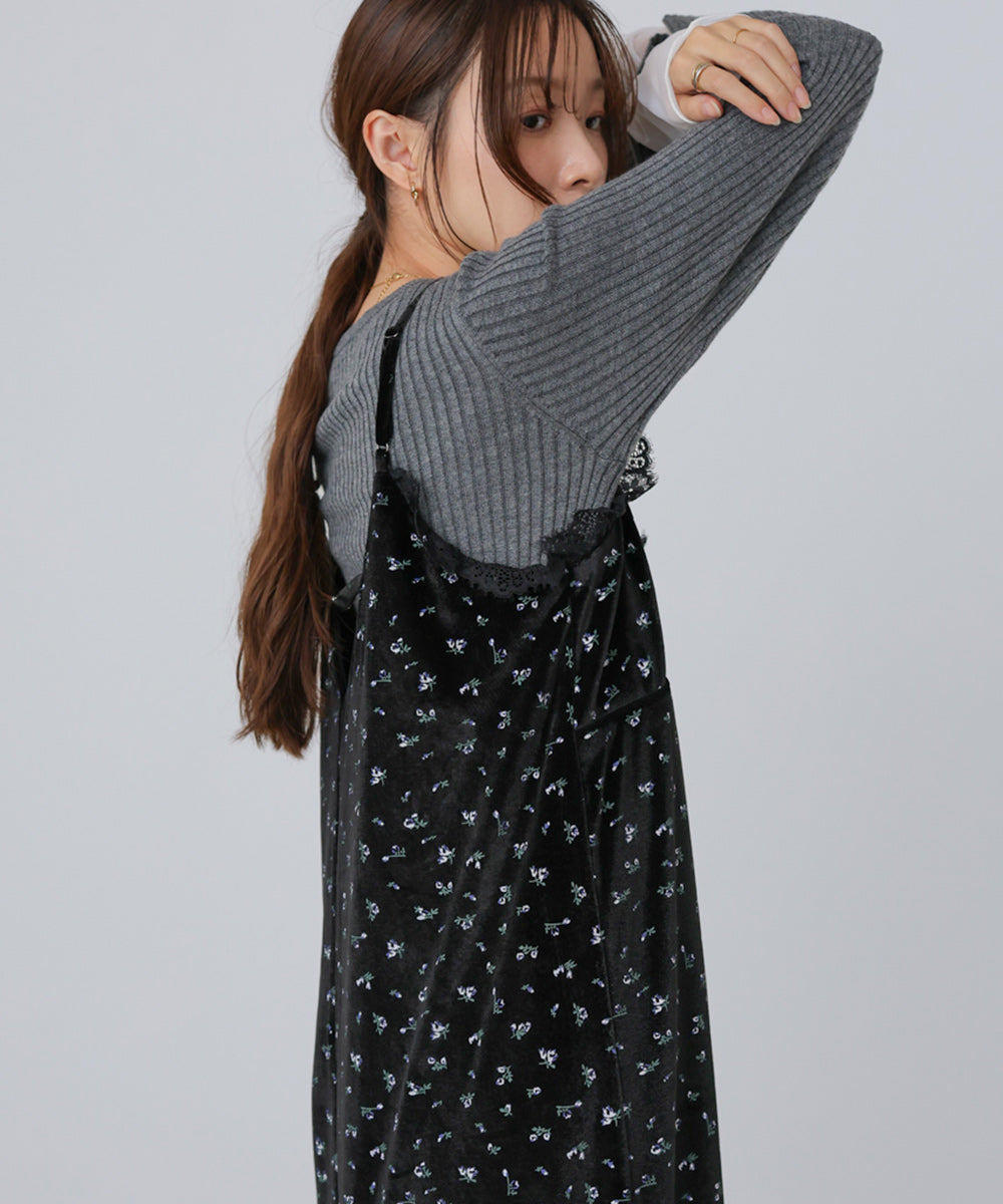 小花柄レース付きベロアキャミワンピース