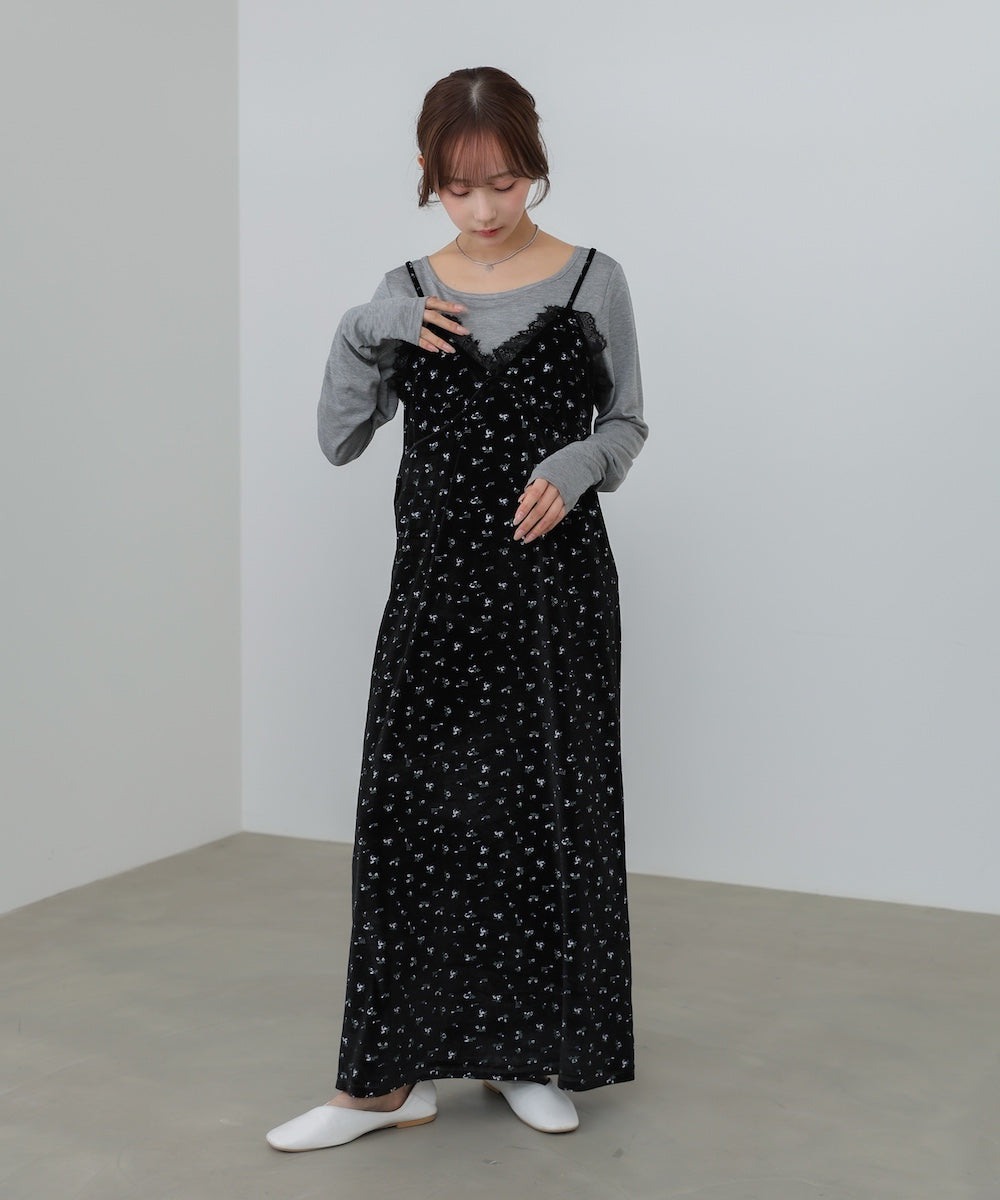 小花柄レース付きベロアキャミワンピース