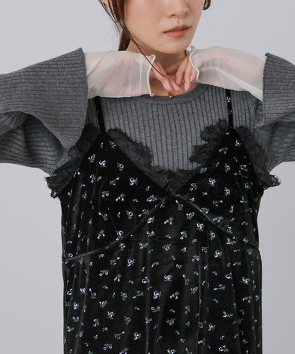 小花柄レース付きベロアキャミワンピース