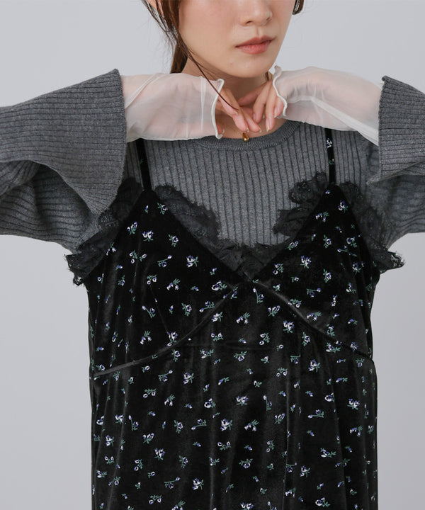 小花柄レース付きベロアキャミワンピース