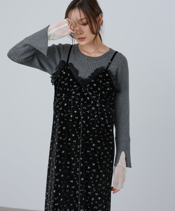 小花柄レース付きベロアキャミワンピース