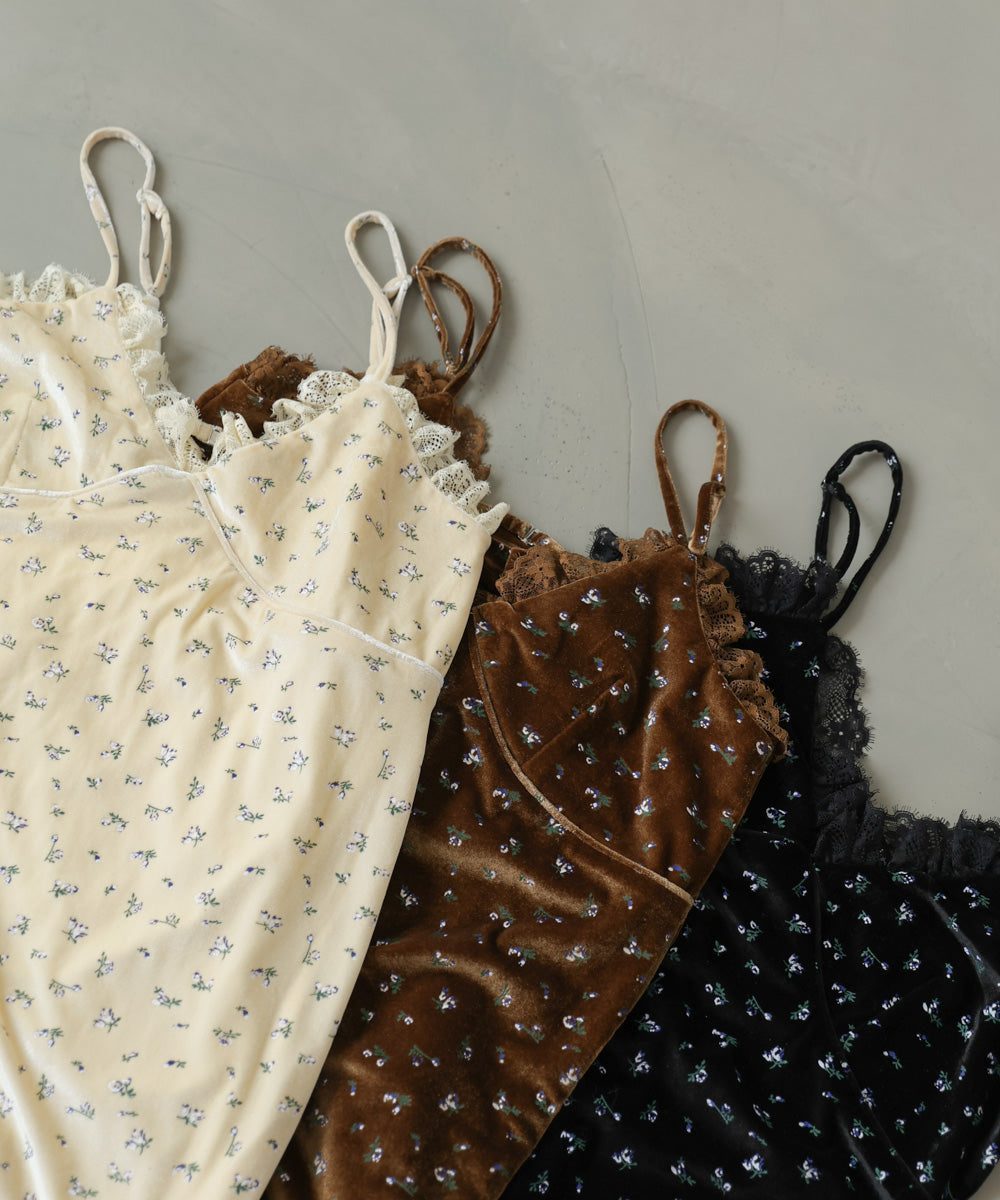 小花柄レース付きベロアキャミワンピース