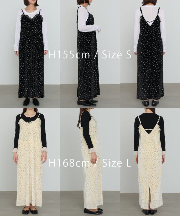 小花柄レース付きベロアキャミワンピース