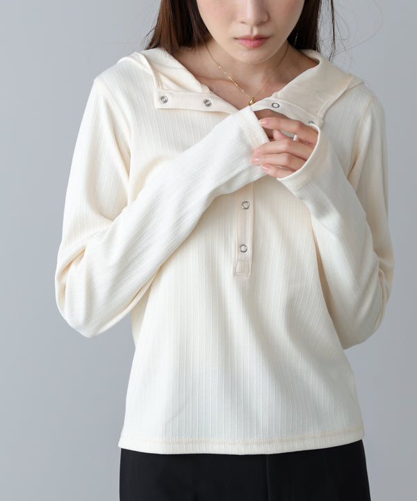 リブフーディーサムホール付カットトップス