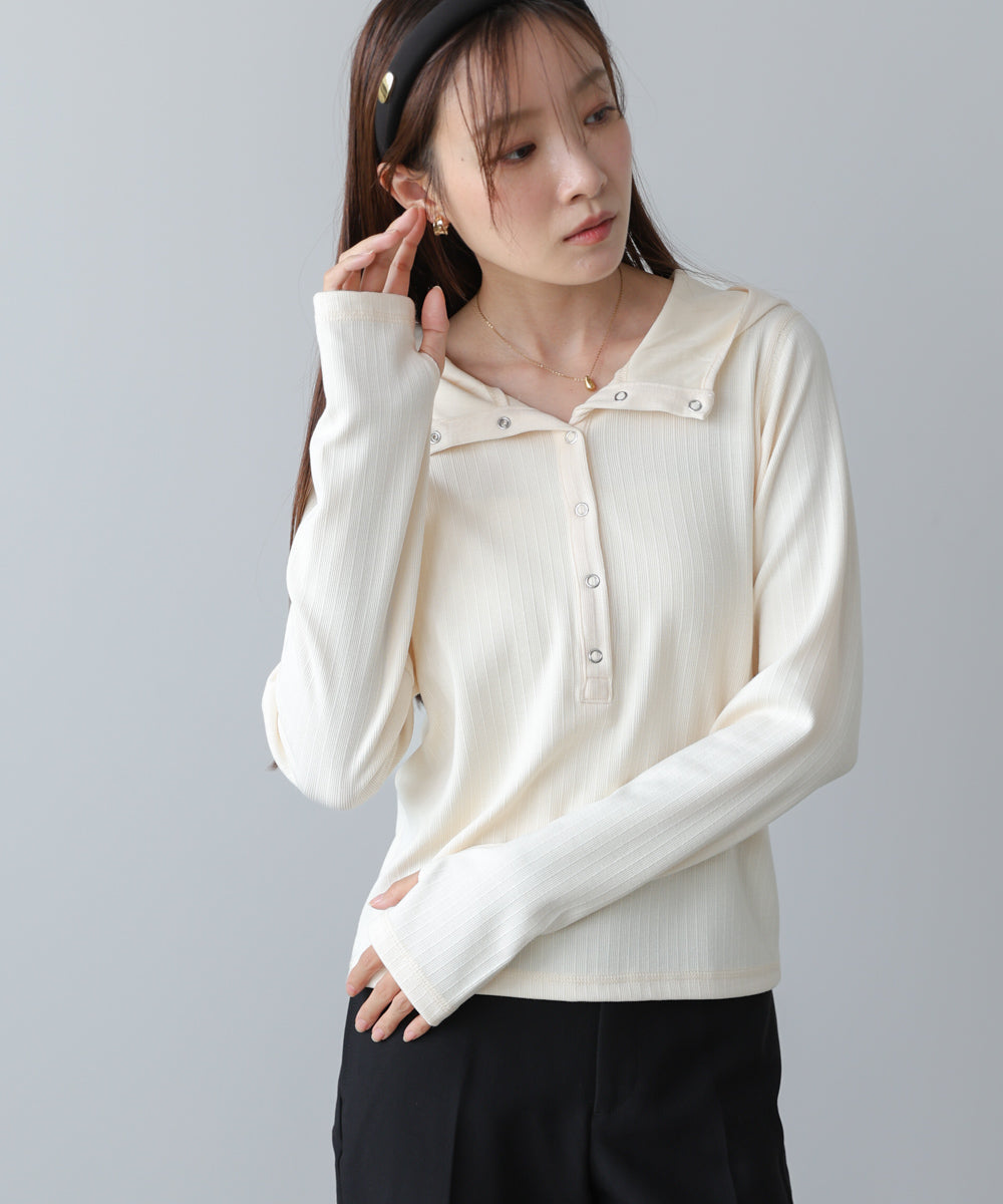 リブフーディーサムホール付カットトップス