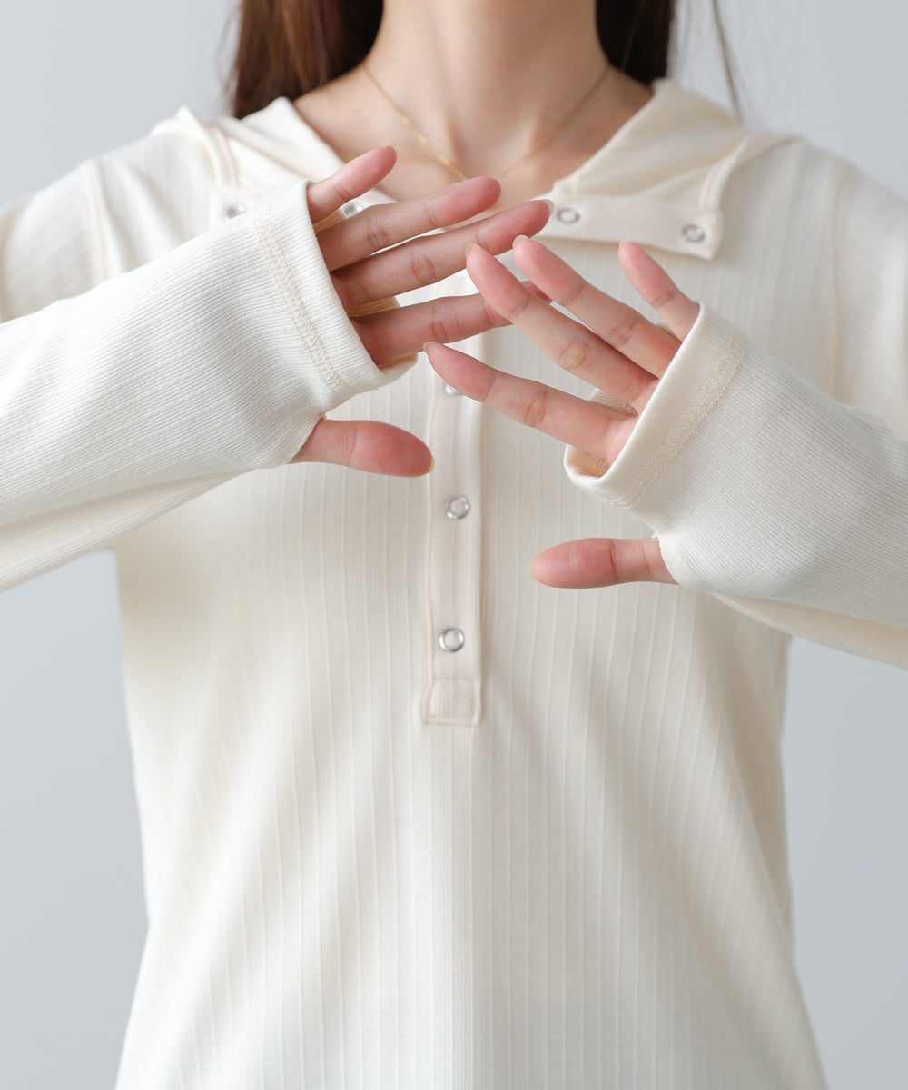 リブフーディーサムホール付カットトップス