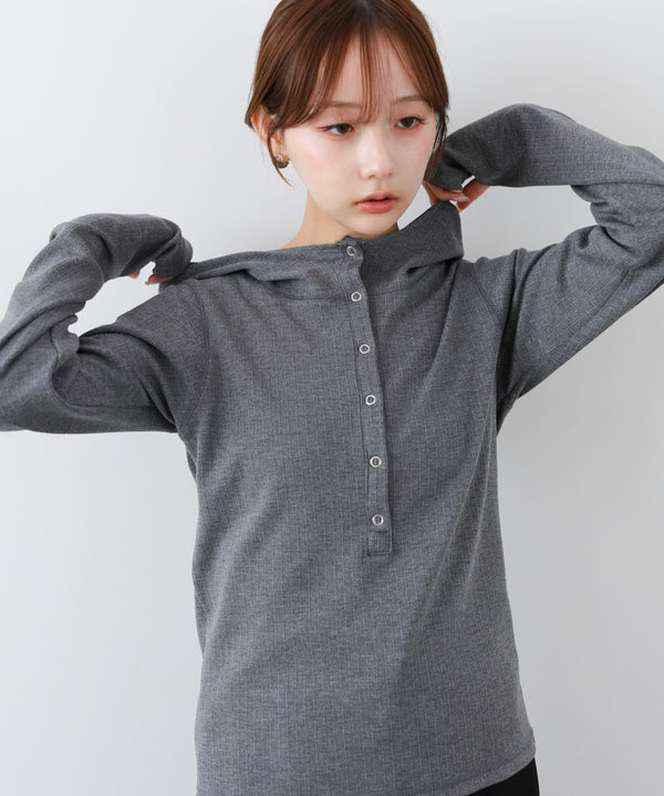 リブフーディーサムホール付カットトップス