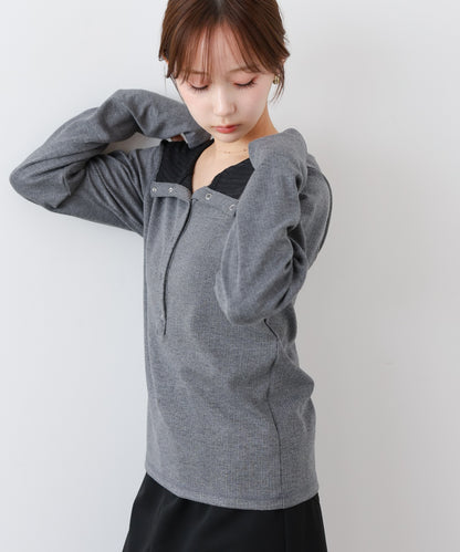 リブフーディーサムホール付カットトップス