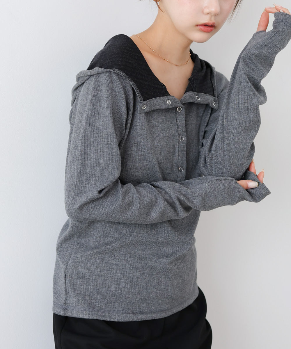 リブフーディーサムホール付カットトップス