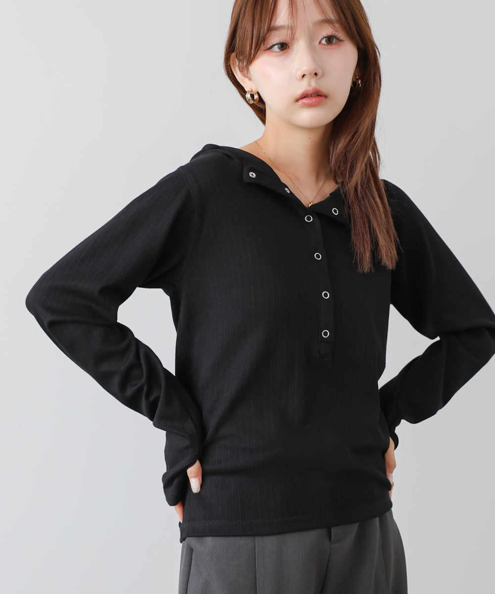 リブフーディーサムホール付カットトップス