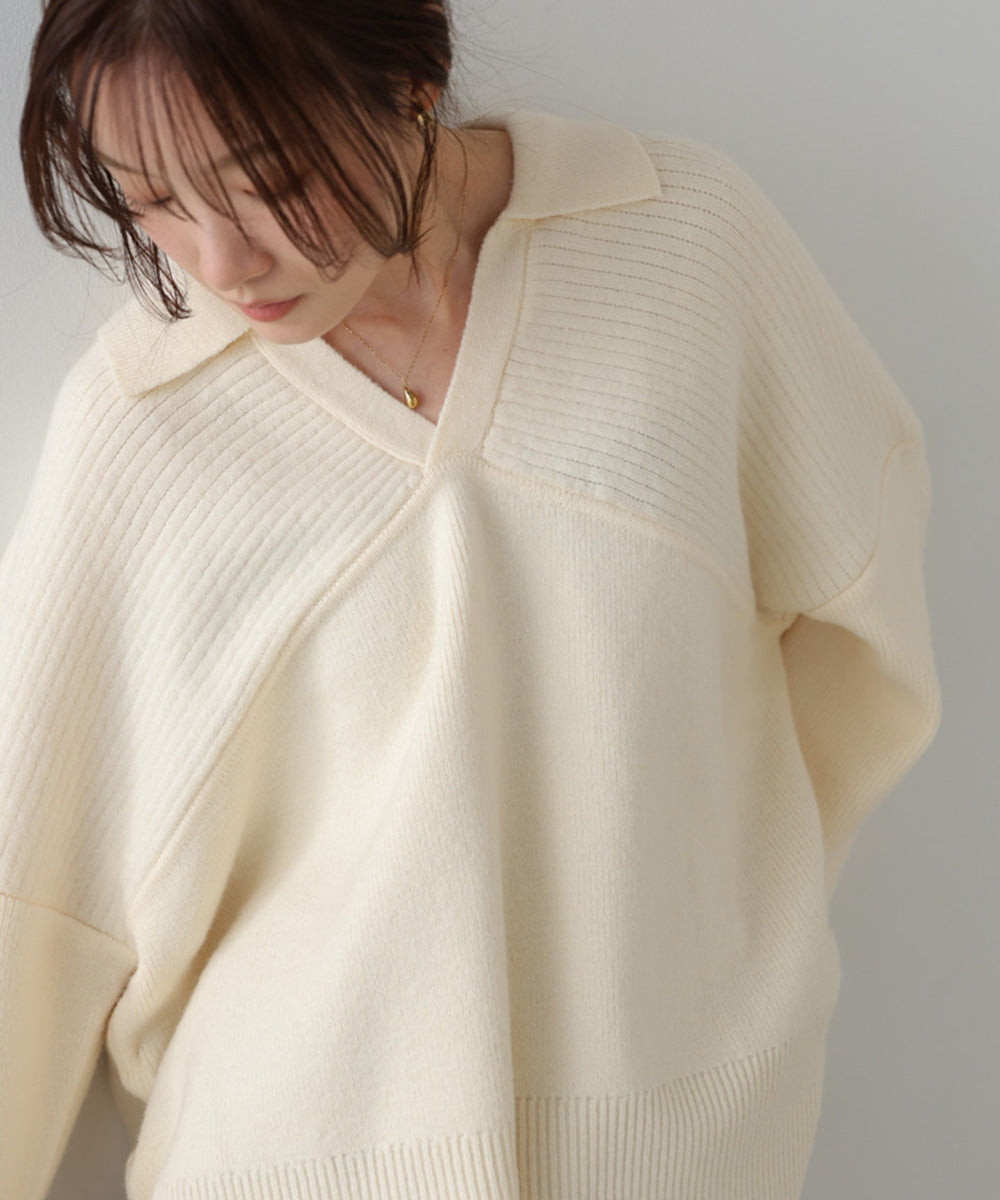 襟付きリブ切替サイドドロストニットトップス