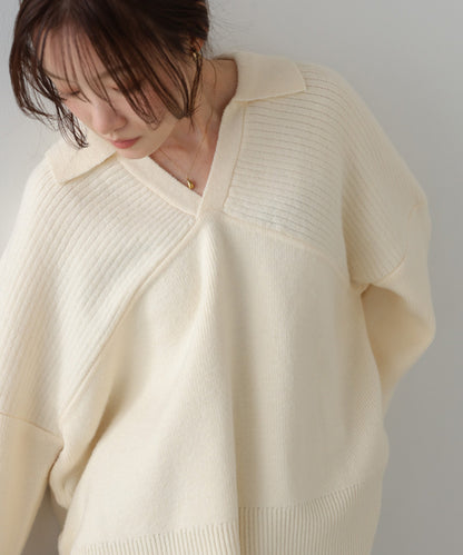 襟付きリブ切替サイドドロストニットトップス
