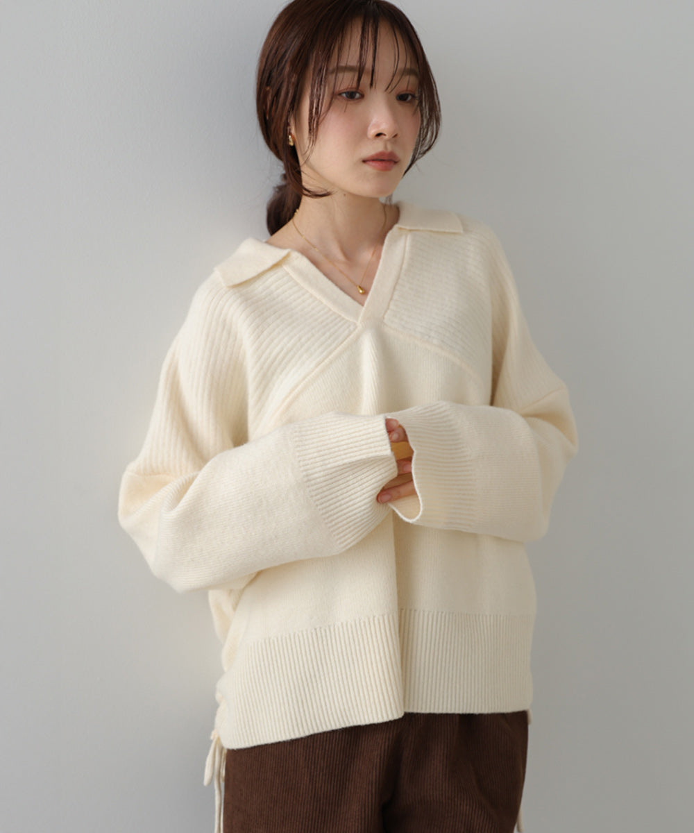 襟付きリブ切替サイドドロストニットトップス