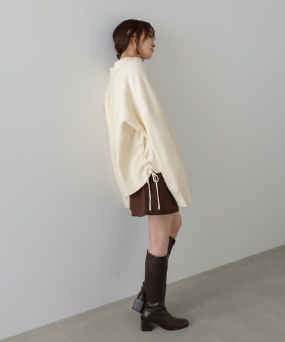 襟付きリブ切替サイドドロストニットトップス