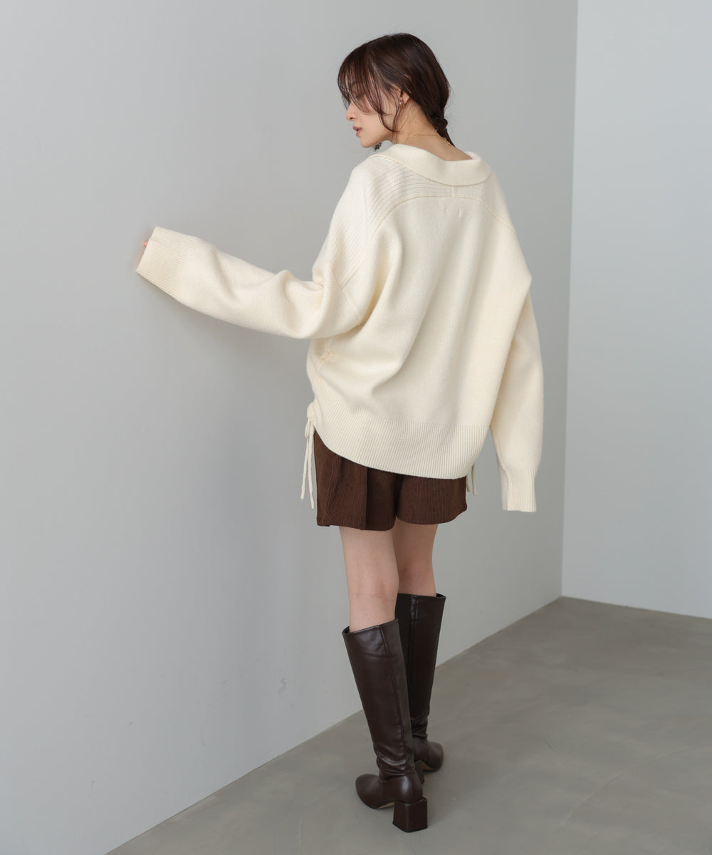 襟付きリブ切替サイドドロストニットトップス