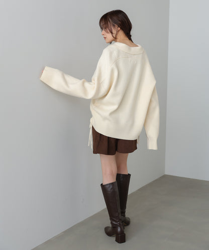 襟付きリブ切替サイドドロストニットトップス