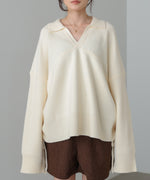 襟付きリブ切替サイドドロストニットトップス