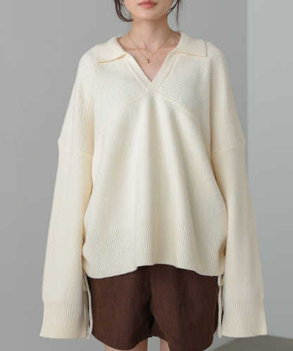 襟付きリブ切替サイドドロストニットトップス